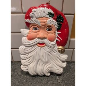 Vintage Santa Claus Face Wall Hanging Ornament Christmas Decor Bell Holly